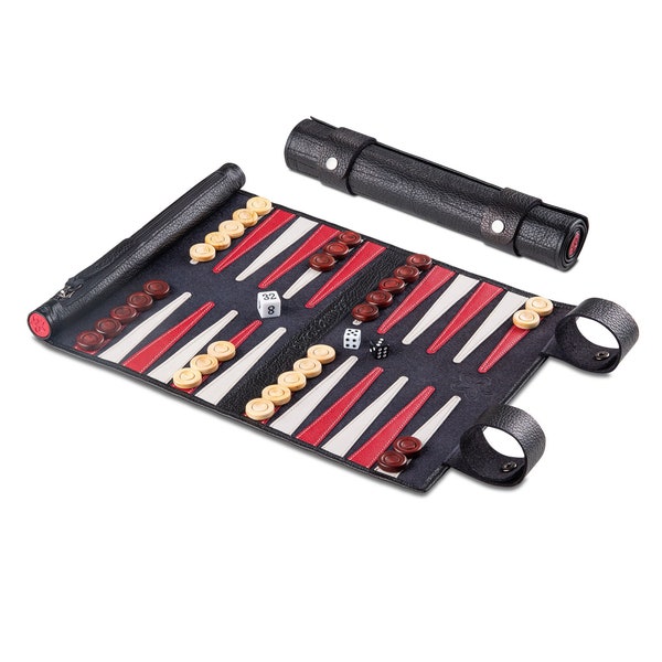 Melia Games Backgammon zum Rollen aus feinstem Nubuk Echt-Leder mit handgefertigten Holzspielsteinen - Farbe: Black Buffalo