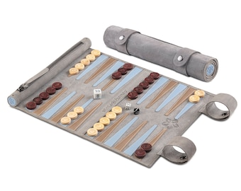 MELIA Outlet Lederen backgammon set om op te rollen, reis-backgammon van echt leer met houten speelstenen, luxe backgammon bordspel voor onderweg, premium roll-up backgammon, handgemaakt in Europa
