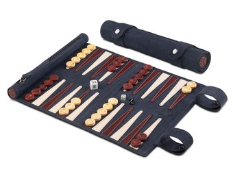 Melia Games Backgammon zum Rollen aus feinstem Nubuk Echt-Leder mit handgefertigten Holzspielsteinen - Farbe: Les Bleus