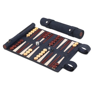Melia Games backgammon for rolling made of the finest nubuck genuine leather with handmade wooden game pieces - color: Les Bleus