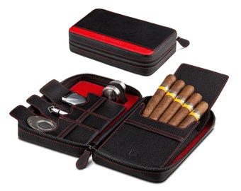 Crown & Tiger cigar case made of real leather - handmade travel case for 5 cigars, pen, cigar holder (Black Signature - Cuba Red)