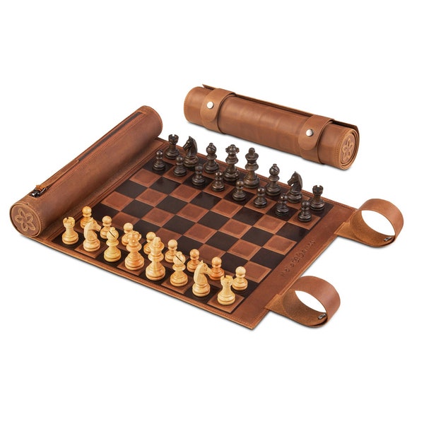 Melia Games Rolling Chess - Option Aimant - Échecs de voyage fabriqués à partir du meilleur cuir véritable vintage avec des figurines en bois faites à la main - Classique