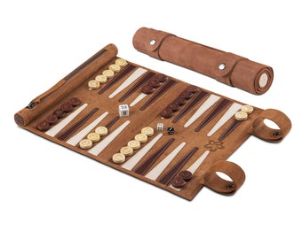 Melia Games Backgammon for rolling from finest nubuck genuine leather with handmade wooden tiles - Colour: Whiskey