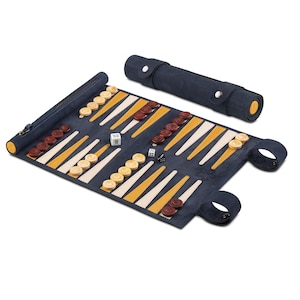 Backgammon roulant Melia Games en cuir nubuck de qualité supérieure avec pièces en bois fabriquées à la main - Couleur : Canarias