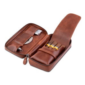 Crown & Tiger Small Cigar Case - Zigarren-Etui aus feinstem Echt-Leder - handgefertigte Reise-Tasche für 4 Zigarren + Accessoires