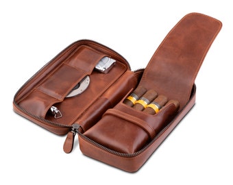 Crown & Tiger Small Cigar Case - Zigarren-Etui aus feinstem Echt-Leder - handgefertigte Reise-Tasche für 4 Zigarren + Accessoires