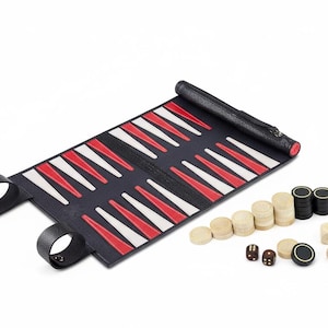 Melia Games Backgammon zum Rollen aus feinstem Nubuk Echt-Leder mit handgefertigten Holzspielsteinen - Farbe: Black Buffalo