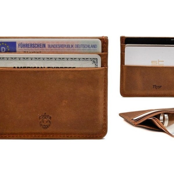 Crown &Tiger Leather Credit Card Case - Slim Wallet Design Wallet gemaakt van fijn leer - tot 5 kaarten met bankbiljettenvak (Crazy Tobacco)