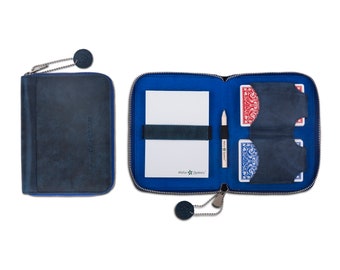 Melia Games Spielkarten Set Deluxe - Hochwertiges Karten-Etui aus feinstem Leder - inkl 2 Kartendecks, Notizblock & Bleistift (Navy Blue)