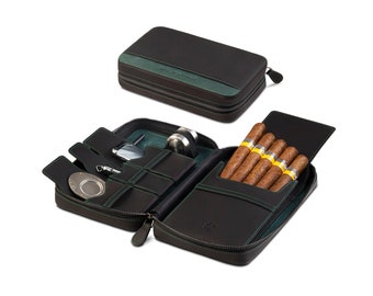 Crown & Tiger Zigarren-Etui aus feinstem Echt-Leder - handgefertigte Reise-Tasche für 5 Zigarren, Stift, Zigarrenhalter (Green Lantern)