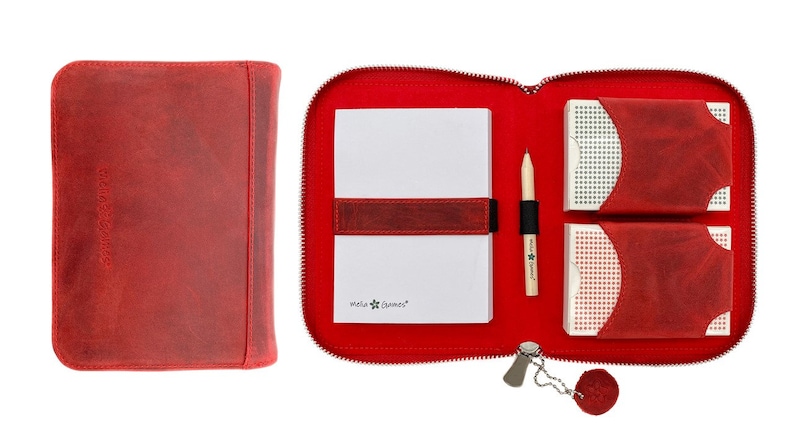 B WARE Leder Spielkarten Set Karten-Etui aus Leder inkl 2 Kartendecks, Notizblock und Bleistift OPTISCHE MÄNGEL Smoky Red