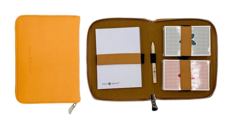 B WARE Leder Spielkarten Set Karten-Etui aus Leder inkl 2 Kartendecks, Notizblock und Bleistift OPTISCHE MÄNGEL Mustard