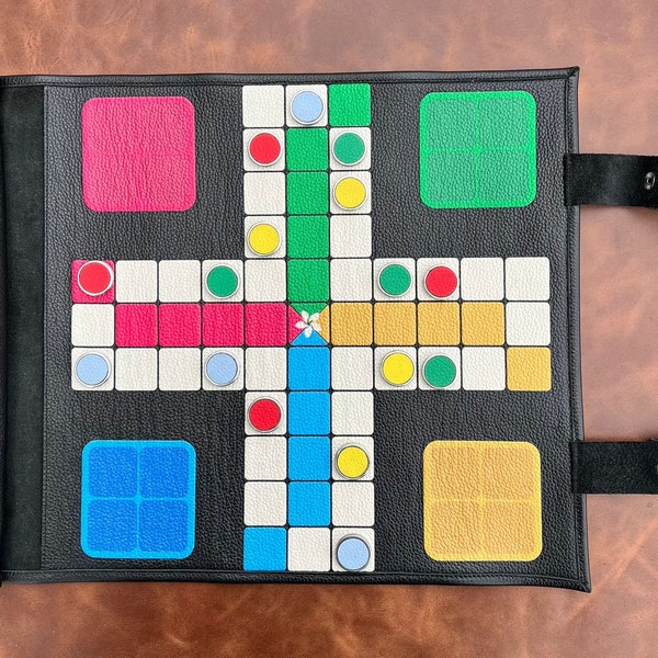 Melia Games roll-up Ludo - Mensch ärgere Dich nicht zum Rollen - Reise-Spiel aus feinstem Leder mit handgefertigten Metall-Leder-Steinen