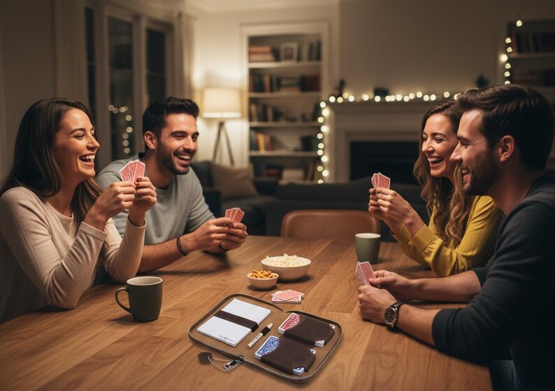 Juego de cartas Deluxe de Melia Games: estuche de alta calidad fabricado con el mejor cuero; incluye 2 barajas de cartas, bloc de notas y lápiz (tabaco). imagen 2