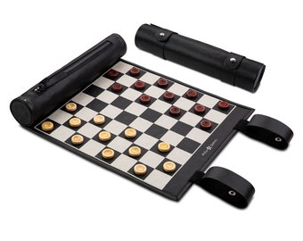 Melia Games Checkers checkers game for rolling - travel checkers game drafts made of the finest genuine leather with handmade game pieces - classic