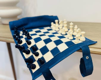 Exclusive chess gift for men – Rollable leather chess set | Magnetic chess set for chess lovers – Ocean Blue