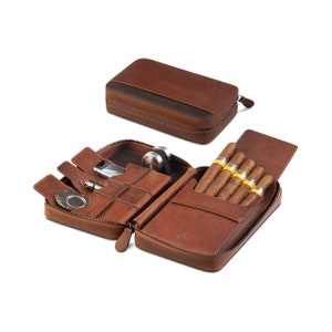 Crown & Tiger cigar case made of finest genuine leather - handmade travel bag for 5 cigars, pen, cigar holder (Crazy Tobacco)