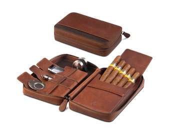 Crown & Tiger Zigarren-Etui aus feinstem Echt-Leder - handgefertigte Reise-Tasche für 5 Zigarren, Stift, Zigarrenhalter (Crazy Tobacco)
