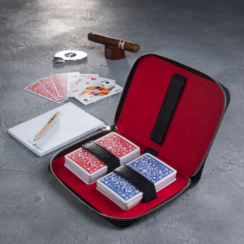 Melia Games Deluxe Playing Card Set High-Quality Card Case Made of the Finest Leather Includes 2 Rummy Decks, Notepad and Pencil Red/Black image 2