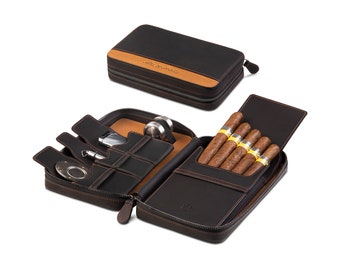 Crown & Tiger cigar case made of finest genuine leather - handmade travel bag for 5 cigars, pen, cigar holder (Black Camel)