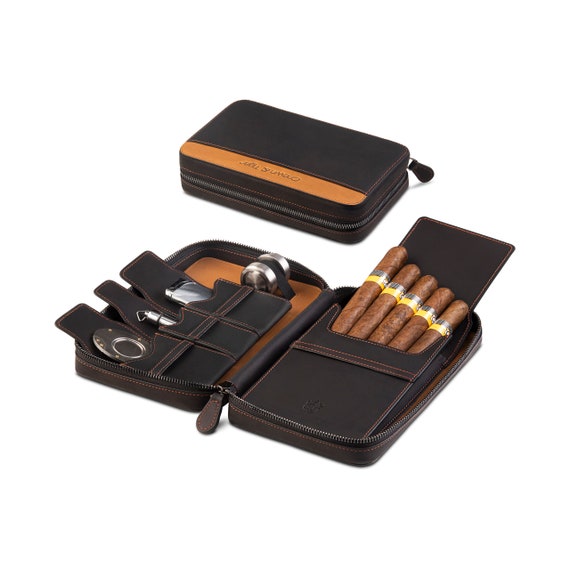 Crown & Tiger Cigar Case Made From the Finest Real Leather Handmade Travel  Case for 5 Cigars, Pen, Cigar Holder black Camel 