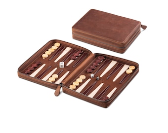 Melia Games Backgammon Deluxe - Reise-Backgammon aus feinstem Vintage Echt-Leder mit handgefertigten Holzspielsteinen - Farbe: Crazy Tobacco