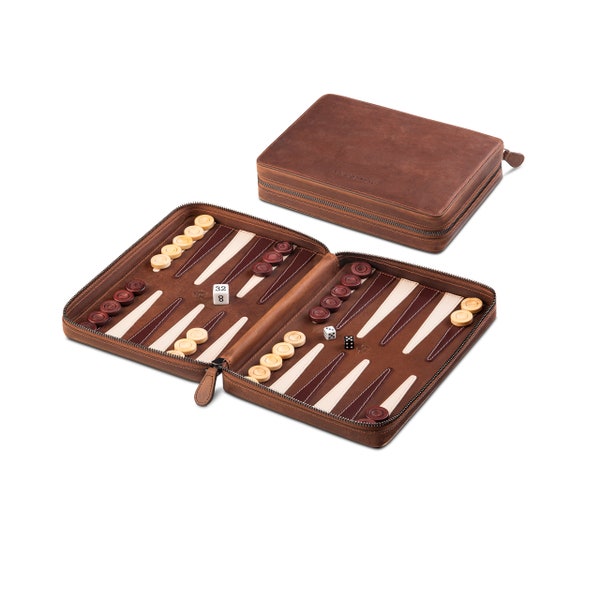 Melia Games Backgammon Deluxe - Reise-Backgammon aus feinstem Vintage Echt-Leder mit handgefertigten Holzspielsteinen - Farbe: Crazy Tobacco