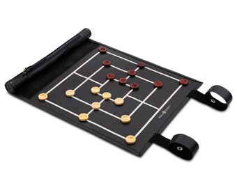 Melia Games Muehle Nine Men's Morris for rolling - mill travel game made of the finest genuine leather with handmade game pieces - black