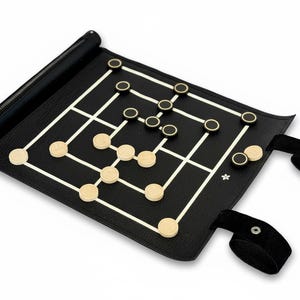 MELIA Games Muehle Nine Men's Morris for Rolling - Mill travel game made of the finest genuine leather with handcrafted game pieces - Black