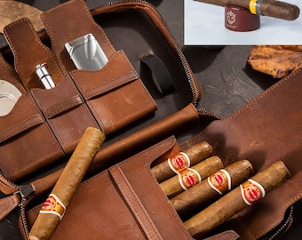 Crown & Tiger cigar case made of genuine leather including cigar stand - handmade travel bag for 5 cigars, pen, cigar holder