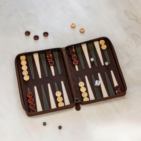 Amber Lewis Creator Collab - Melia Games Backgammon Deluxe, Foldable Vintage Leather Travel Backgammon Set, Handmade, Boxwood Checkers