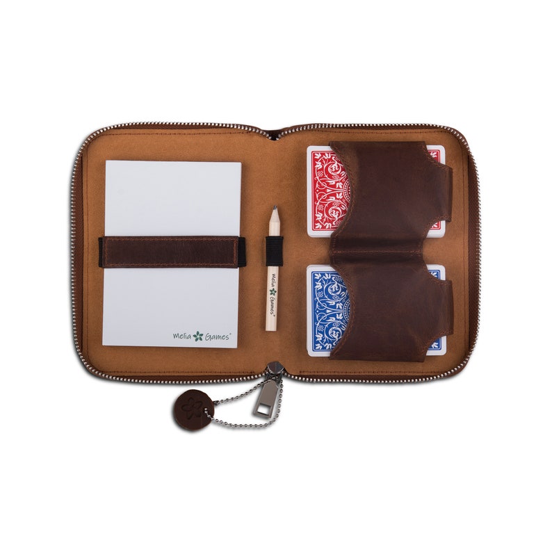 Puede incluir: Estuche con cremallera de cuero marr&oacute;n abierto, con un bloc de notas, un l&aacute;piz y naipes. El bloc de notas est&aacute; asegurado con una correa de cuero marr&oacute;n. El l&aacute;piz tiene una banda negra. Las cartas son rojas y azules.