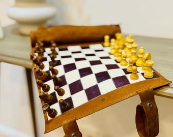 Luxury Leather Chess Set – Rollable Magnetic Travel Chess by MELIA Games – Handmade Gift for Chess Lovers – Whiskey