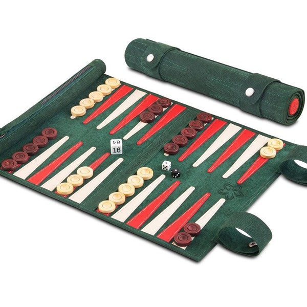 Melia Games Backgammon zum Rollen aus feinstem Nubuk Echt-Leder mit handgefertigten Holzsteinen - Farbe: Bella Italia (Full Leather Version)
