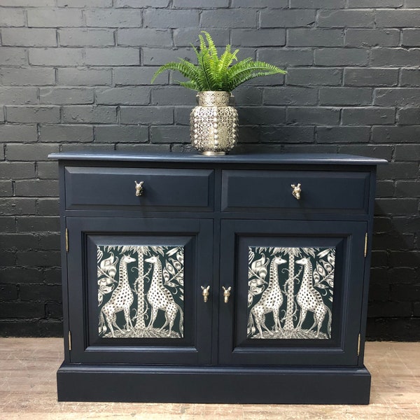 NOW SOLD! Made to Order for a similar piece – Upcycled sideboard/buffet with wallpaper fronts, drawers, Dark navy sideboard, Giraffe themed