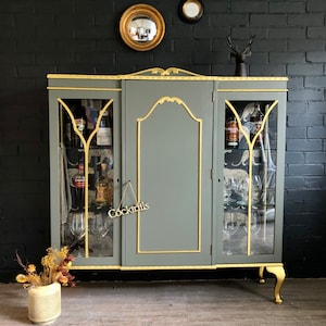 Now SOLD, Available as Commission; Upcycled Glass Drinks Cabinet in Dark Grey/Green and Gold Leaf Metallic Paint accents; Leopard Paper