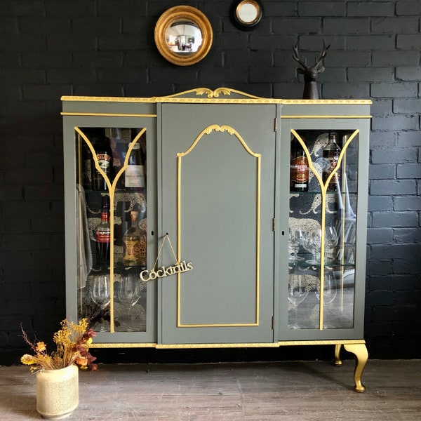 Now SOLD, Available as Commission; Upcycled Glass Drinks Cabinet in Dark Grey/Green and Gold Leaf Metallic Paint accents; Leopard Paper