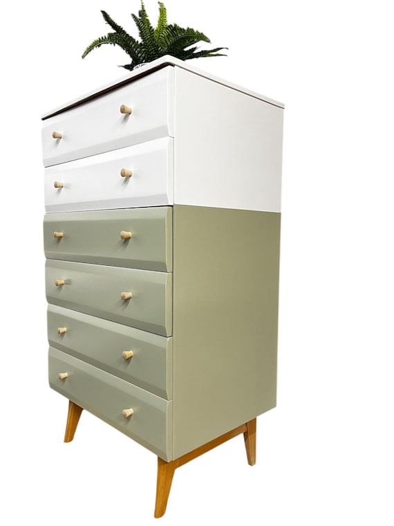 AVAILABLE FOR COMMISSION: Mid Century Modern Meredew Painted Tall Chest of  Drawers, in White and Soft Sage Green