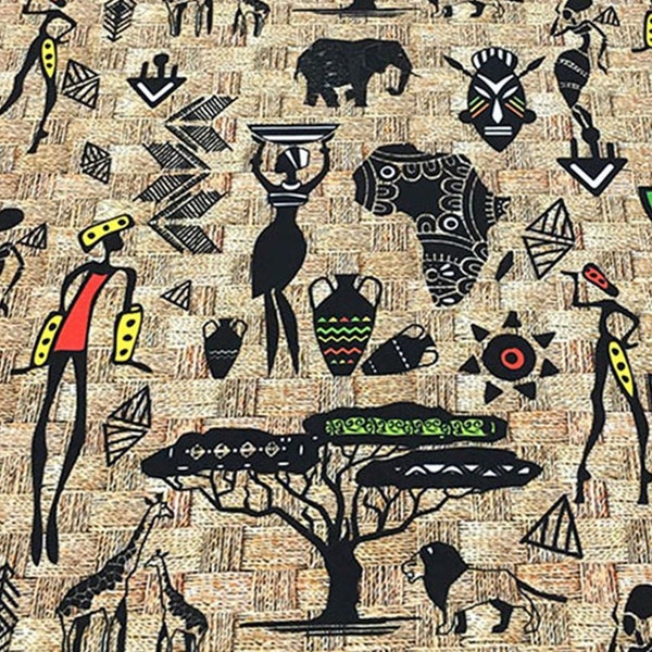 African Print Upholstery Fabric by the Yard, African Women Mask Tree Elephant Giraffe Burlap Print Chair Sofa Furniture Home Decor Fabric