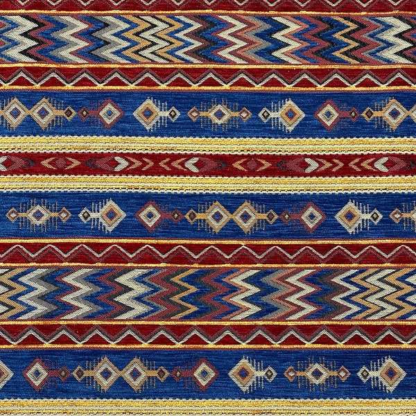 Kilim Upholstery Fabric Blue Red Tribal Aztec Turkish Boho Bohemian Ottoman Home Decor Tapestry Rug Chair Sofa Furniture Fabric by the Yard