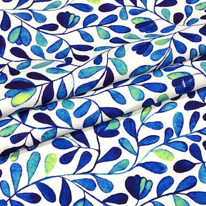 Tessuto con foglie blu acquerello, stampa botanica astratta boho, decorazione per la casa, tende, mobili, sedie, divani, tappezzeria, tessuto tagliato su misura