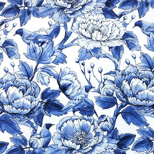 Blue and White Floral Fabric Watercolor Flowers and Birds Art Print Home Decor Curtain Furniture Chair Sofa Upholstery Fabric by the Yard