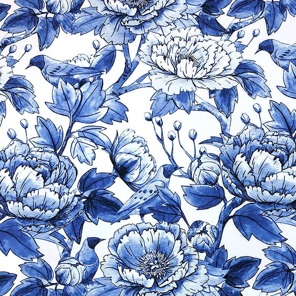 Tissu floral bleu et blanc, aquarelle de fleurs et d'oiseaux, impression d'art, décoration d'intérieur, rideau, meubles, chaise, tissu d'ameublement, par mètre