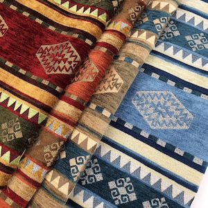 Upholstery Kilim Fabrics by the Yard, Turkish Boho Tribal Aztec Woven Chenille Velvet Home Decor Sofa Chair Furniture Tapestry Rug Fabric