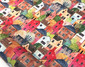 Colorful Houses Upholstery Fabric Watercolor Houses Print Home Decor Curtain Furnishing Chair Bench Sofa Fabric by the Yard Kids Fabric