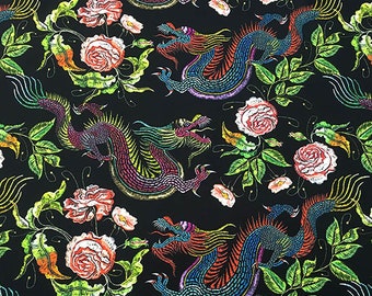 Japanese Dragon Fabric by the Yard, Asian Floral Dragon Print Home Decor Tapestry Furniture Chair Sofa Couch Bench Upholstery Fabric