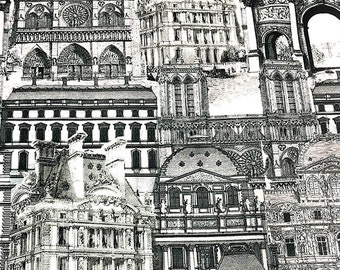 Black and White Architecture Fabric, Architectural Buildings Monuments Print Home Decor Furnishing Sofa Chair Upholstery Fabric by the Yard