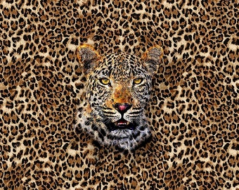 Leopard Upholstery Panel Fabric, Wild Leopard Head on Leopard Skin Fur Print Home Decor Tapestry Cushion Pillow Chair Furniture Fabric