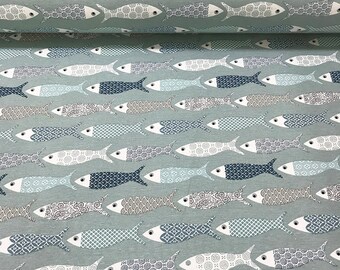 Mint Fish Print Canvas Fabric Water Repellent Cotton Outdoor Home Textile Curtain Furnishing Sofa Chair Upholstery Fabric by the Yard