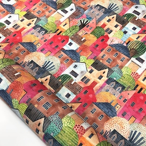 Colorful Houses Upholstery Fabric Watercolor Houses Print Home Decor Curtain Furnishing Chair Bench Sofa Fabric by the Yard Kids Fabric